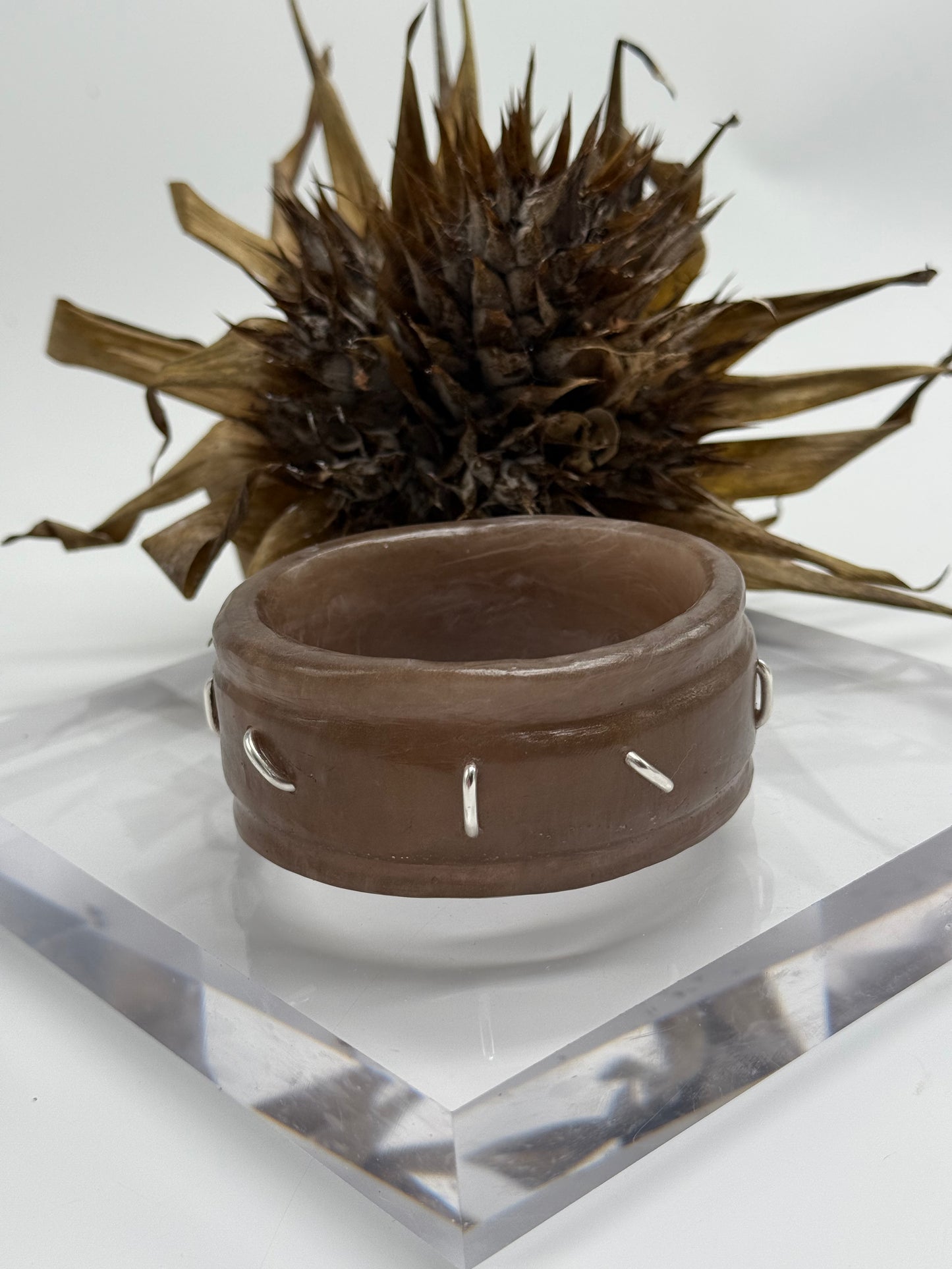 Smoky Brown Oval Thick Rim Resin & silver wide bangle - regular hand size