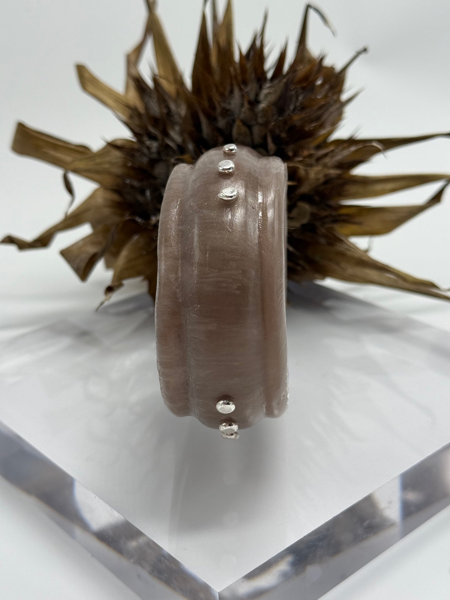 Smoky Brown Oval Thick Rim Resin & silver wide bangle - XS hand size
