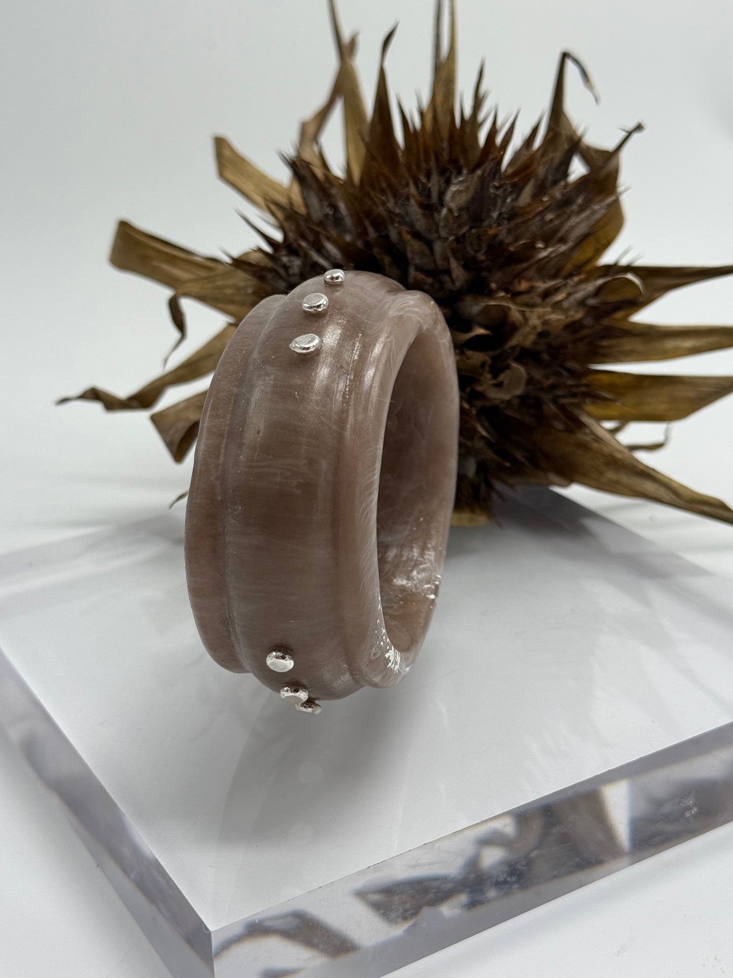 Smoky Brown Oval Thick Rim Resin & silver wide bangle - XS hand size