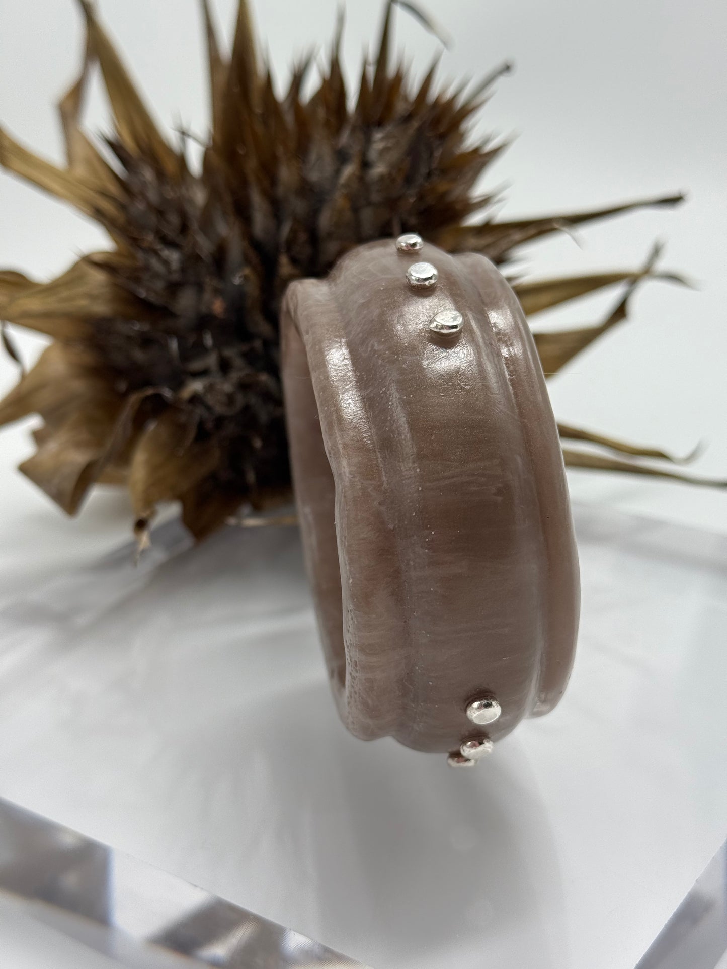 Smoky Brown Oval Thick Rim Resin & silver wide bangle - XS hand size