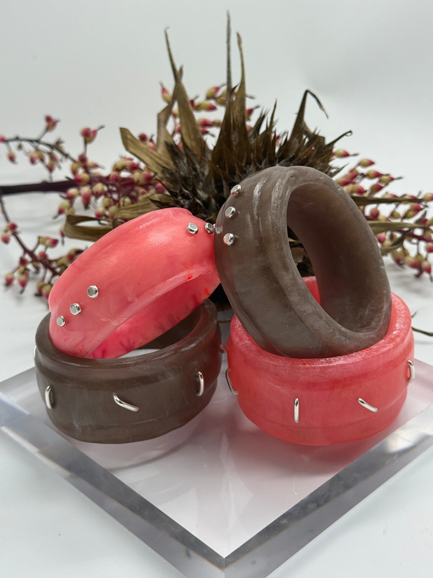 Coral Resin & silver wide bangle - regular hand size