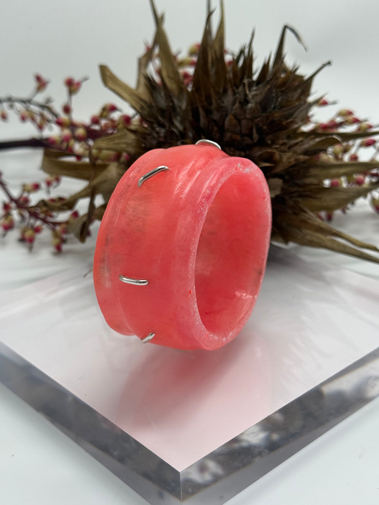 Coral coloured Oval Thick Rim Resin & silver wide bangle - regular hand size
