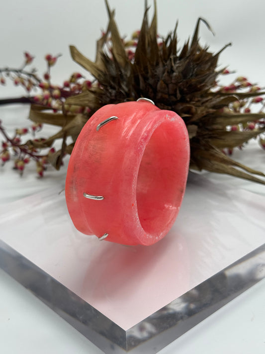 Coral coloured Oval Thick Rim Resin & silver wide bangle - regular hand size