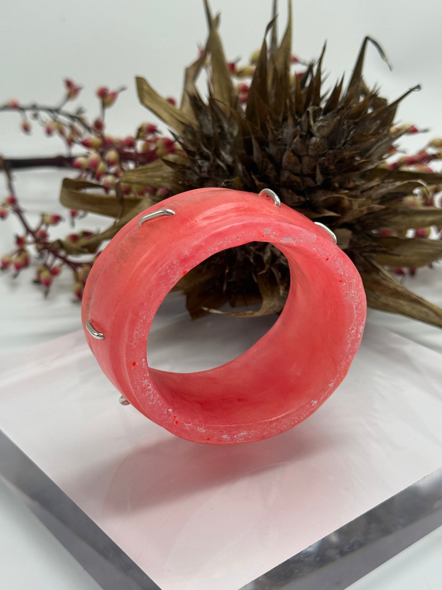 Coral coloured Oval Thick Rim Resin & silver wide bangle - regular hand size