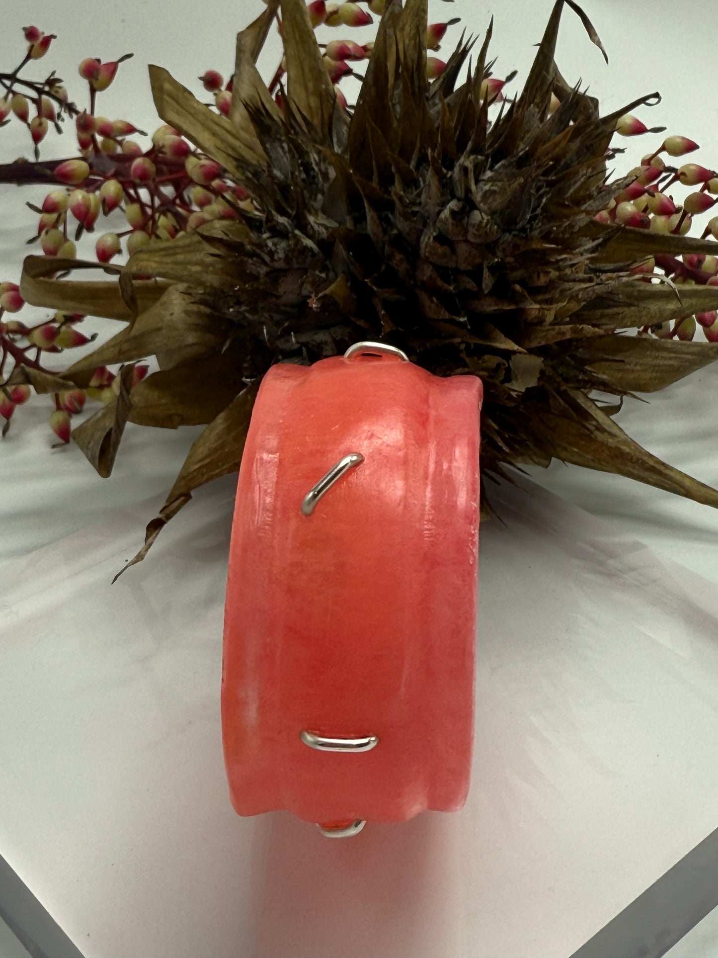 Coral coloured Oval Thick Rim Resin & silver wide bangle - regular hand size
