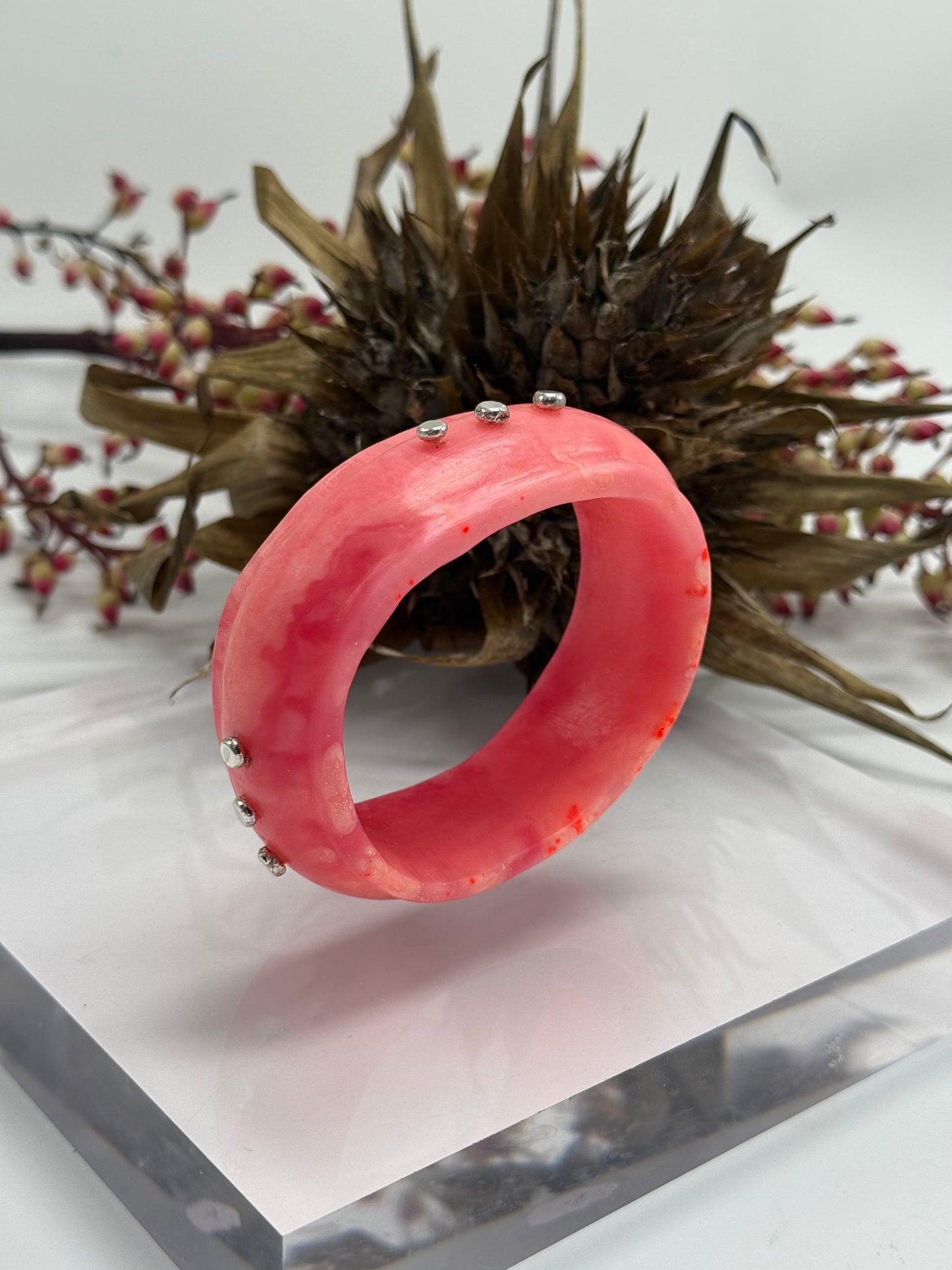 Coral Resin & silver wide bangle - regular hand size