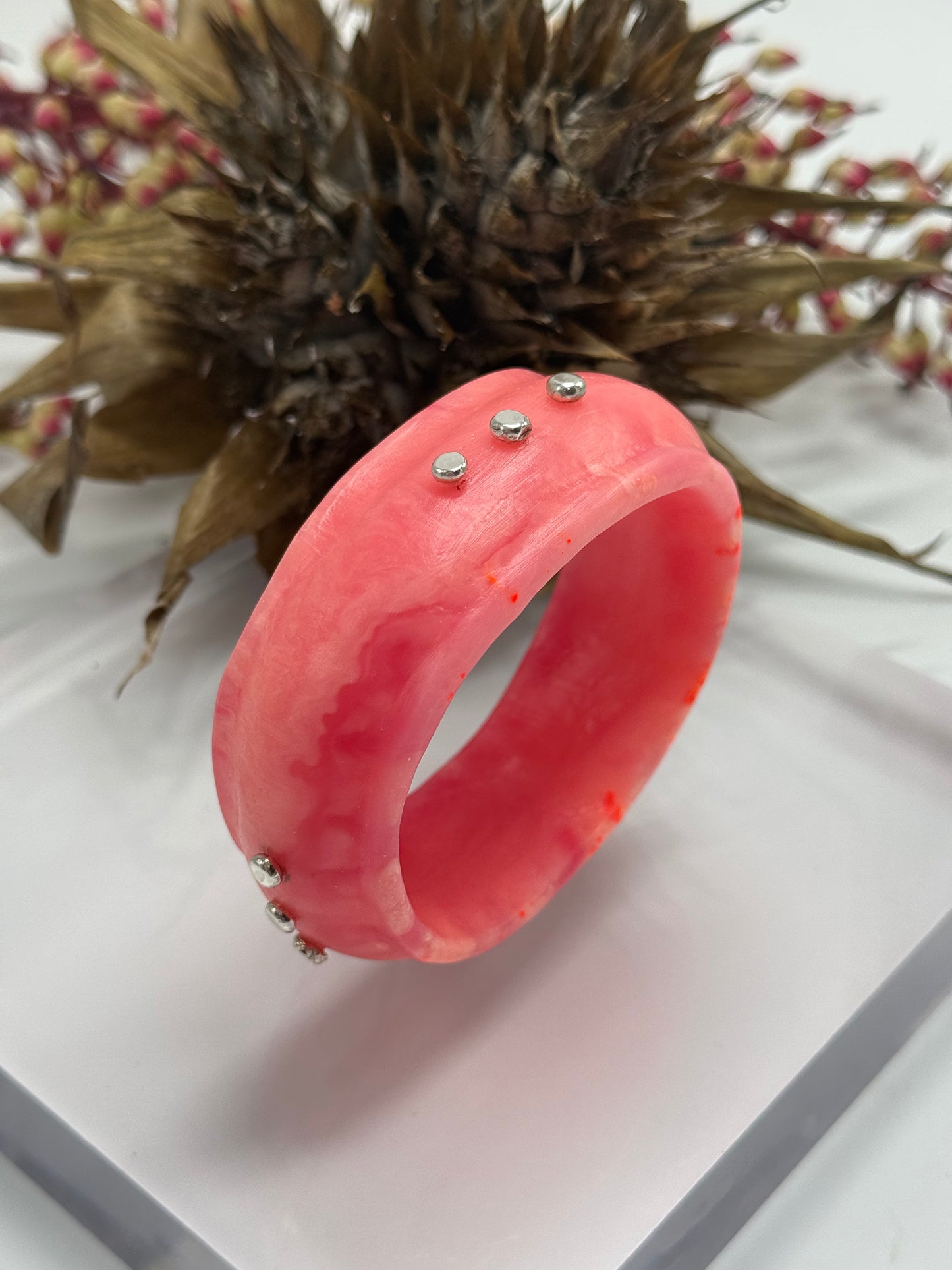 Coral Resin & silver wide bangle - regular hand size