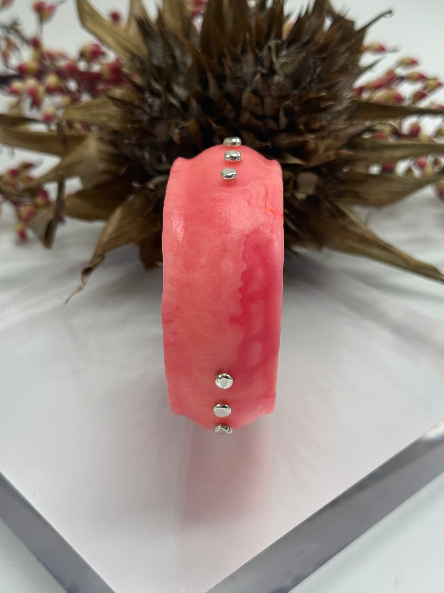 Coral Resin & silver wide bangle - regular hand size