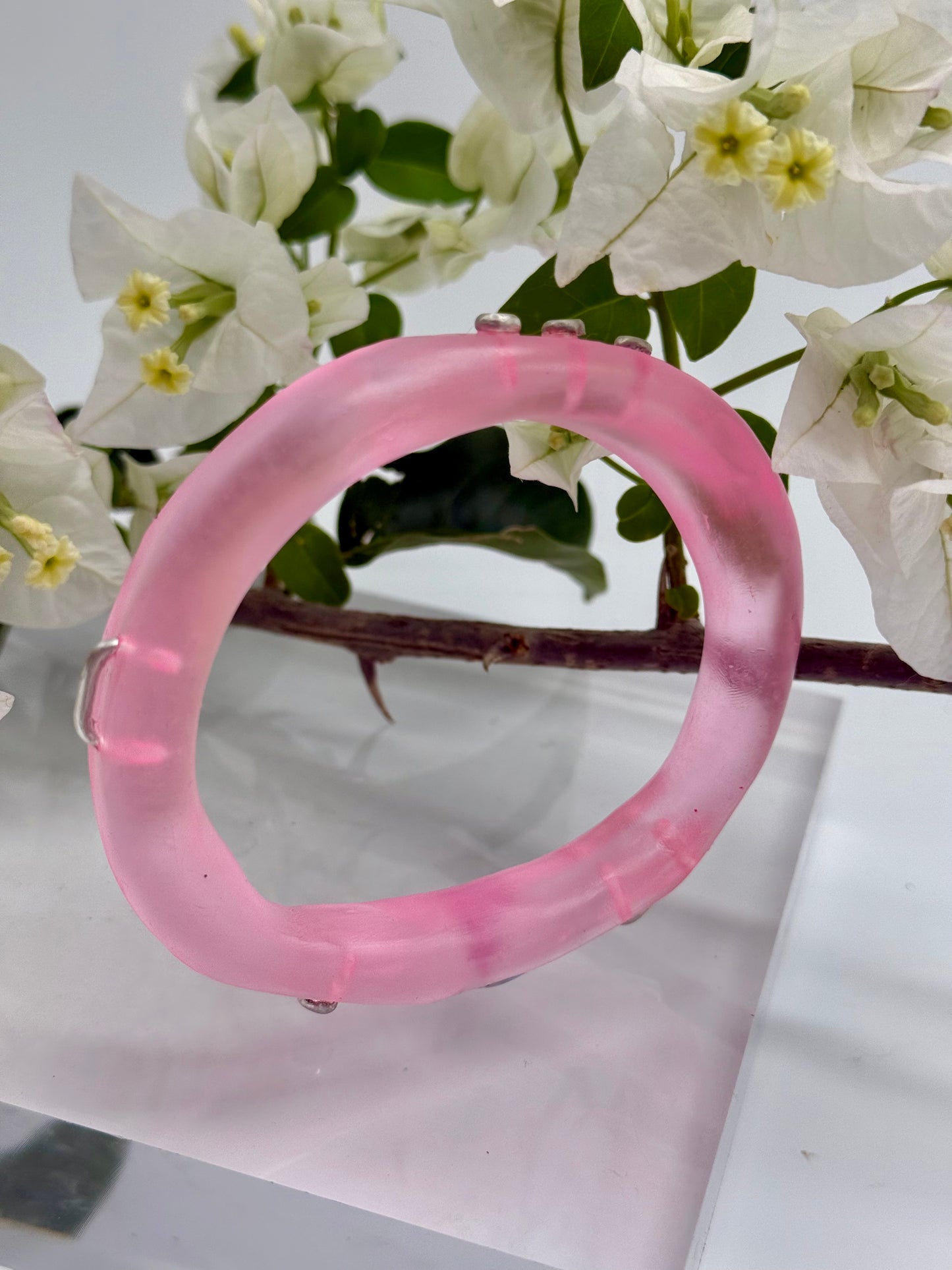 Translucent pink resin & silver woopy bangle - XL
