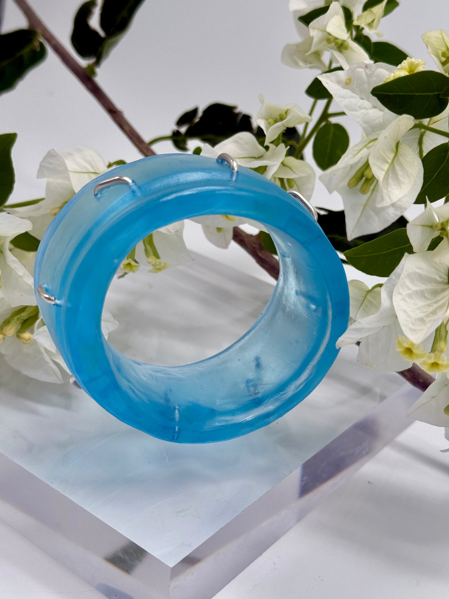 Translucent blue Oval Thick Rim Resin & silver wide bangle - regular hand size