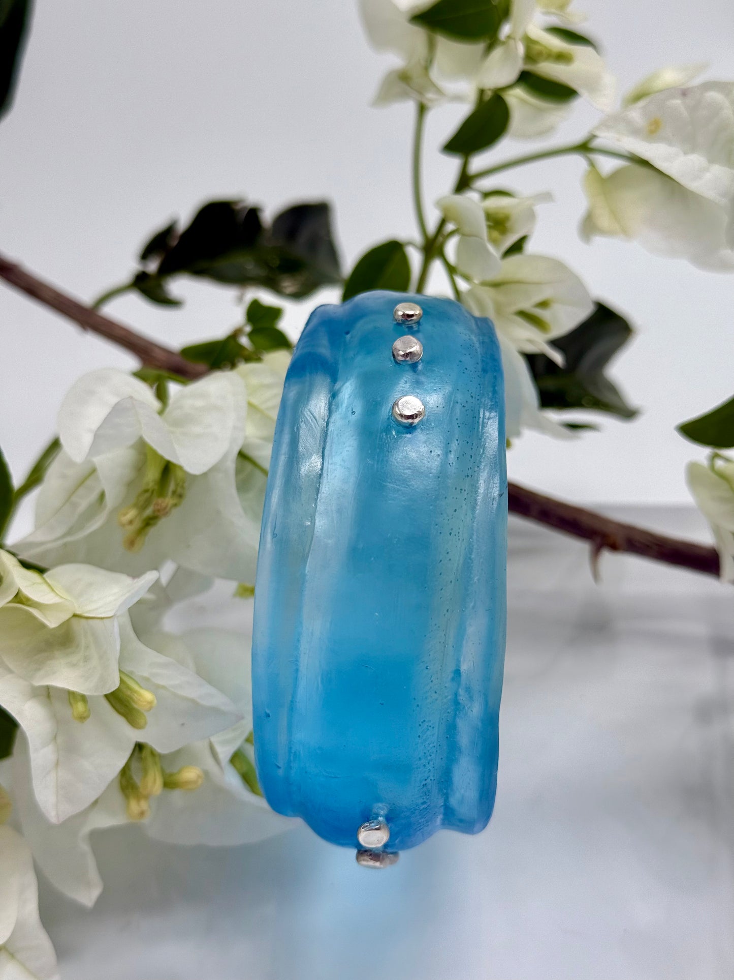Translucent Blue Oval Thick Rim Resin & silver wide bangle - XS hand size