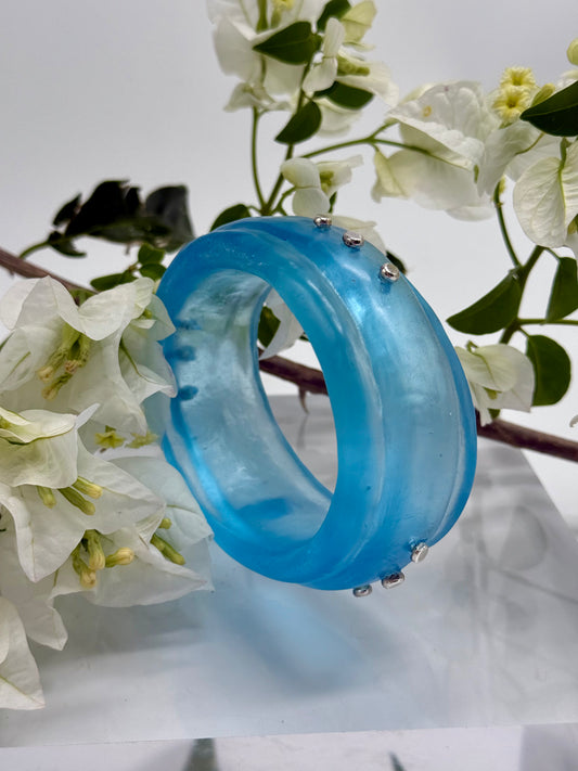 Translucent Blue Oval Thick Rim Resin & silver wide bangle - XS hand size
