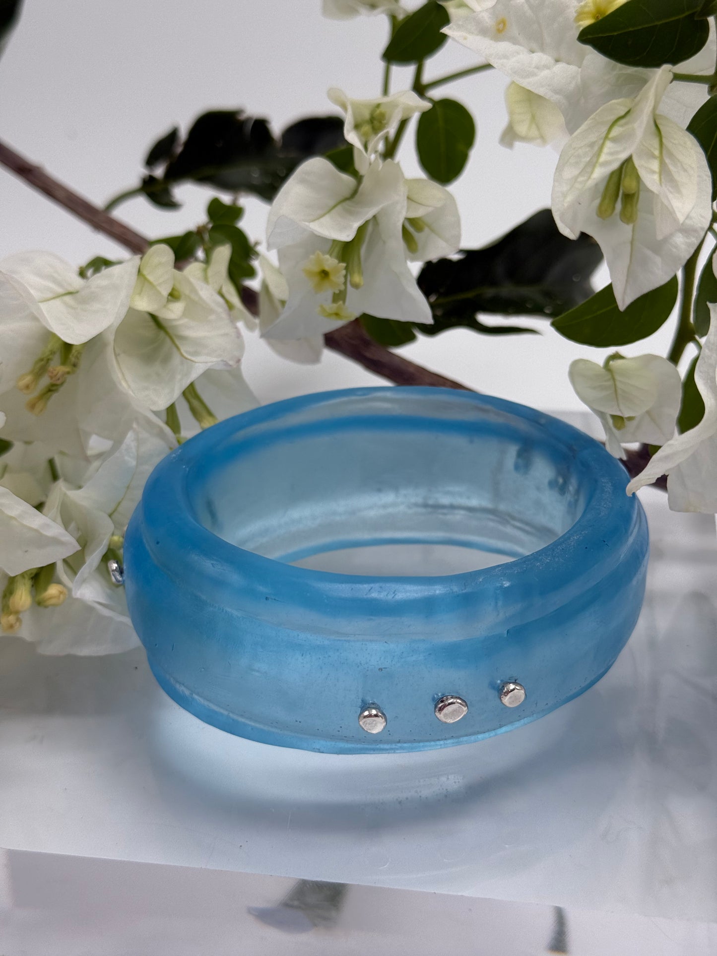Translucent Blue Oval Thick Rim Resin & silver wide bangle - XS hand size