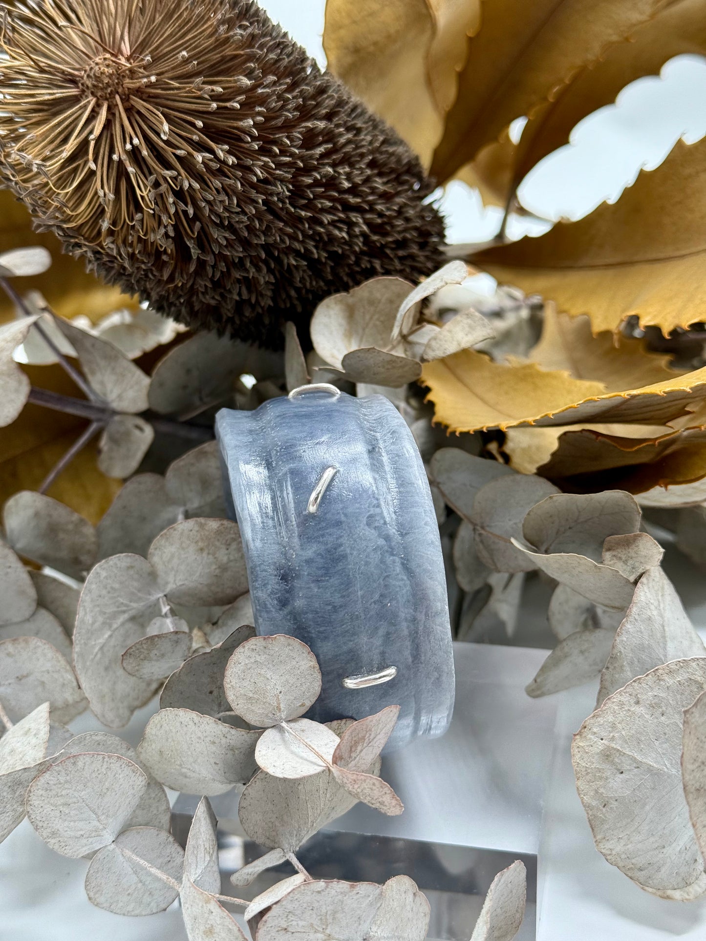 Dusty Blue & White Oval Thick Rim Resin & silver wide bangle - regular hand size