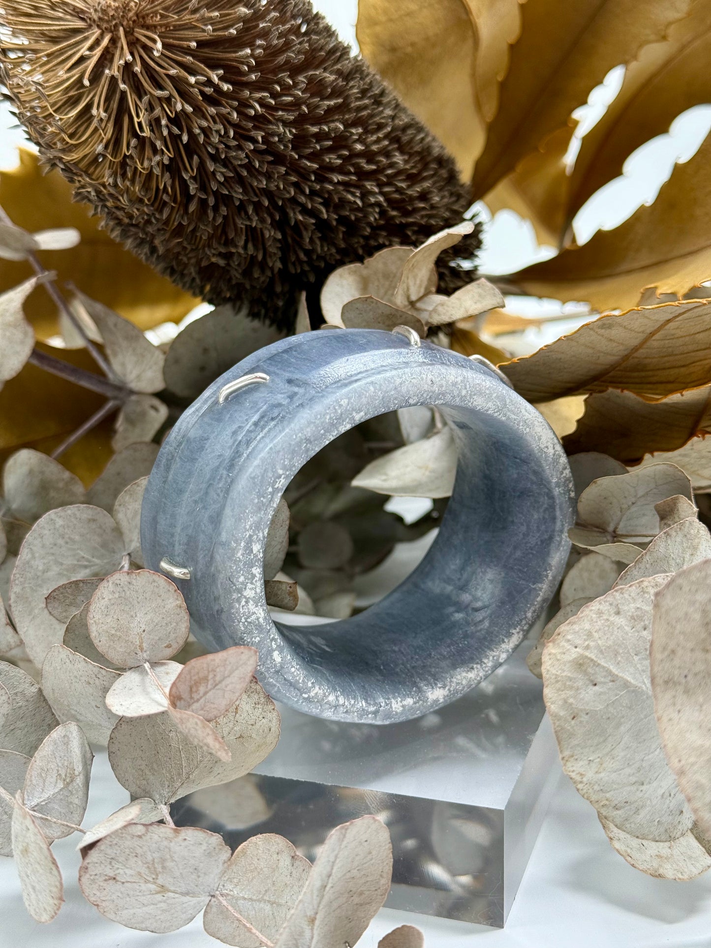 Dusty Blue & White Oval Thick Rim Resin & silver wide bangle - regular hand size