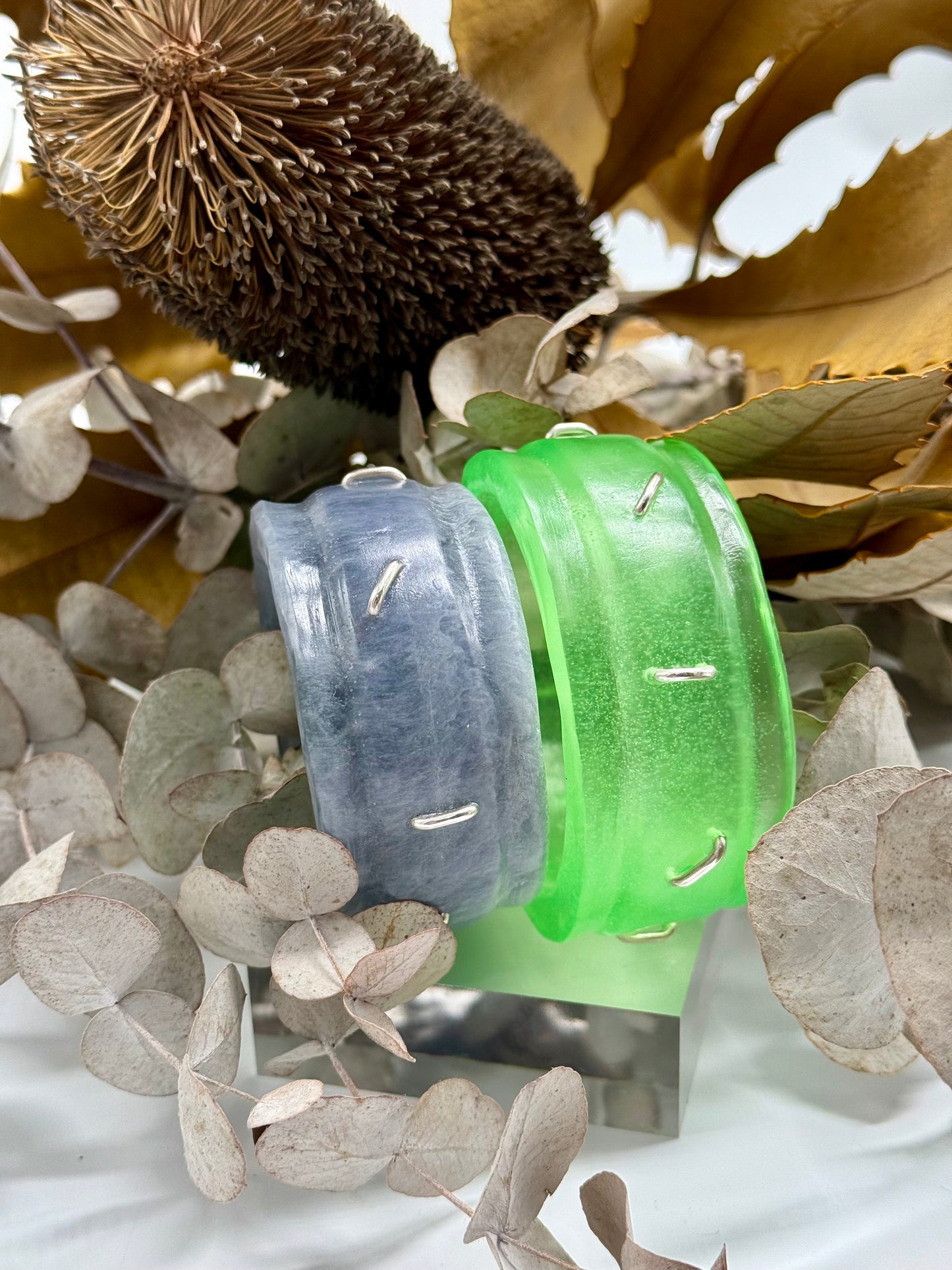 Translucent Lime Green Oval Thick Rim Resin & silver wide bangle - regular hand size
