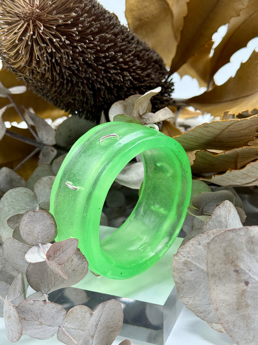 Translucent Lime Green Oval Thick Rim Resin & silver wide bangle - regular hand size