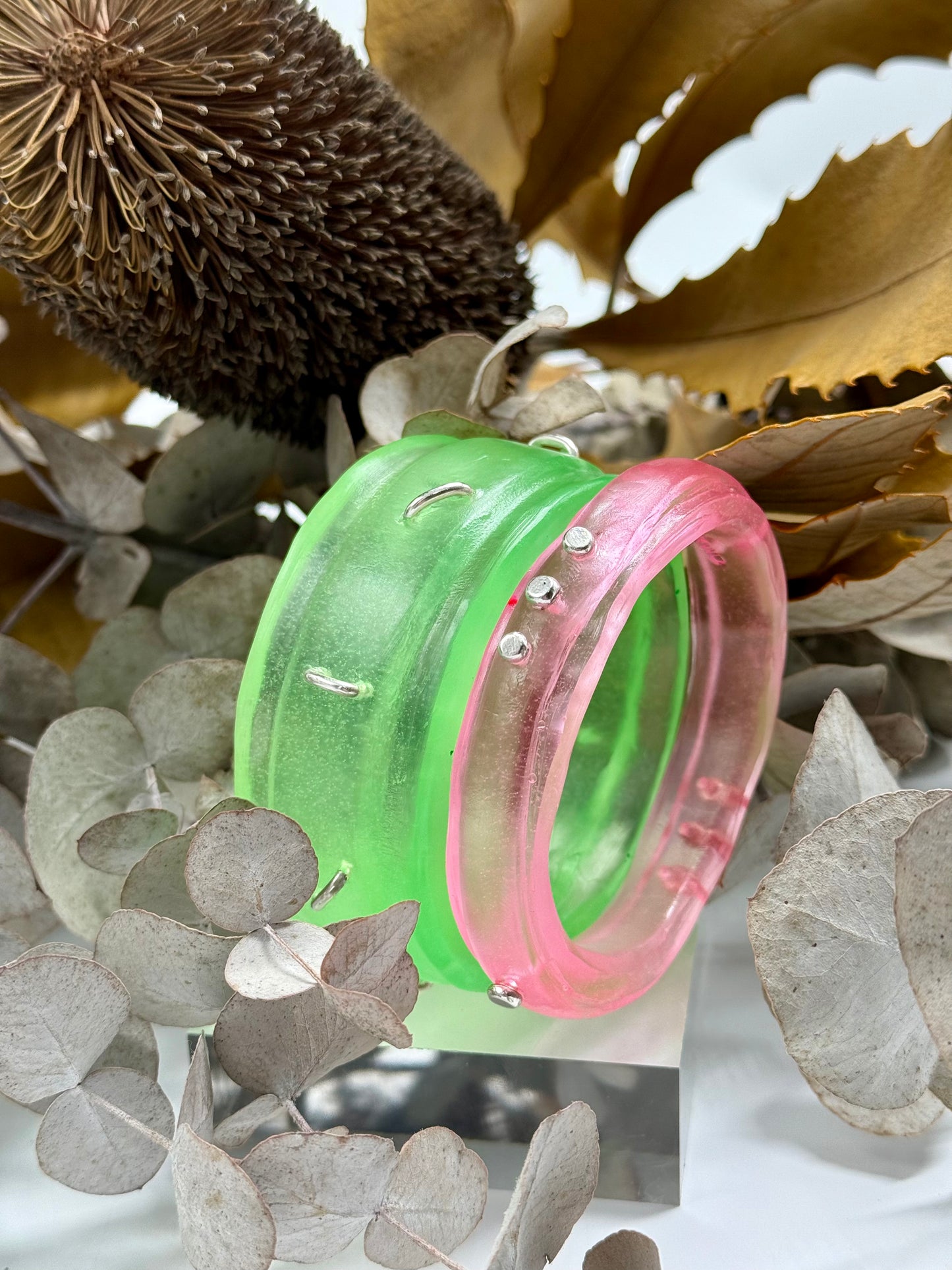Translucent Lime Green Oval Thick Rim Resin & silver wide bangle - regular hand size
