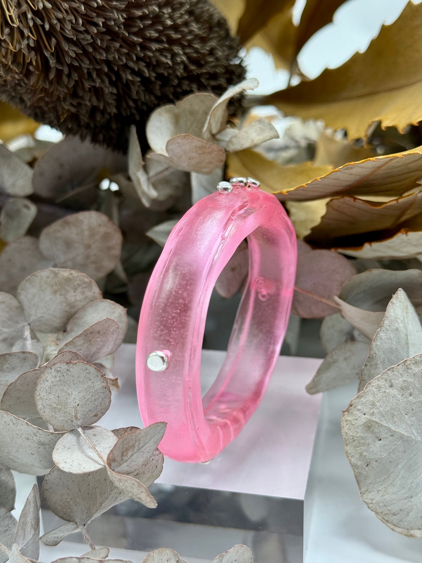 Translucent Pale pink  Rim resin bangle with Sterling silver