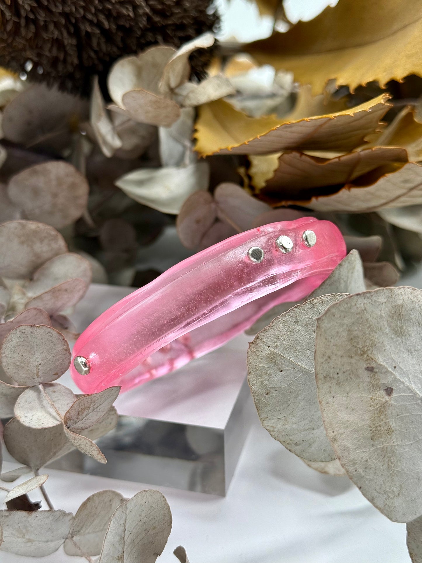 Translucent Pale pink  Rim resin bangle with Sterling silver