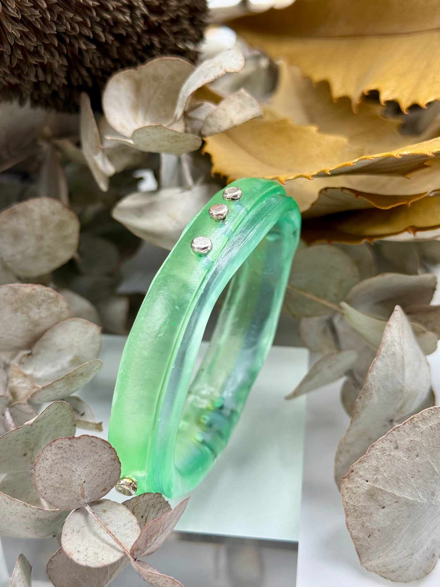 Translucent Lime Green  Rim resin bangle with Sterling silver