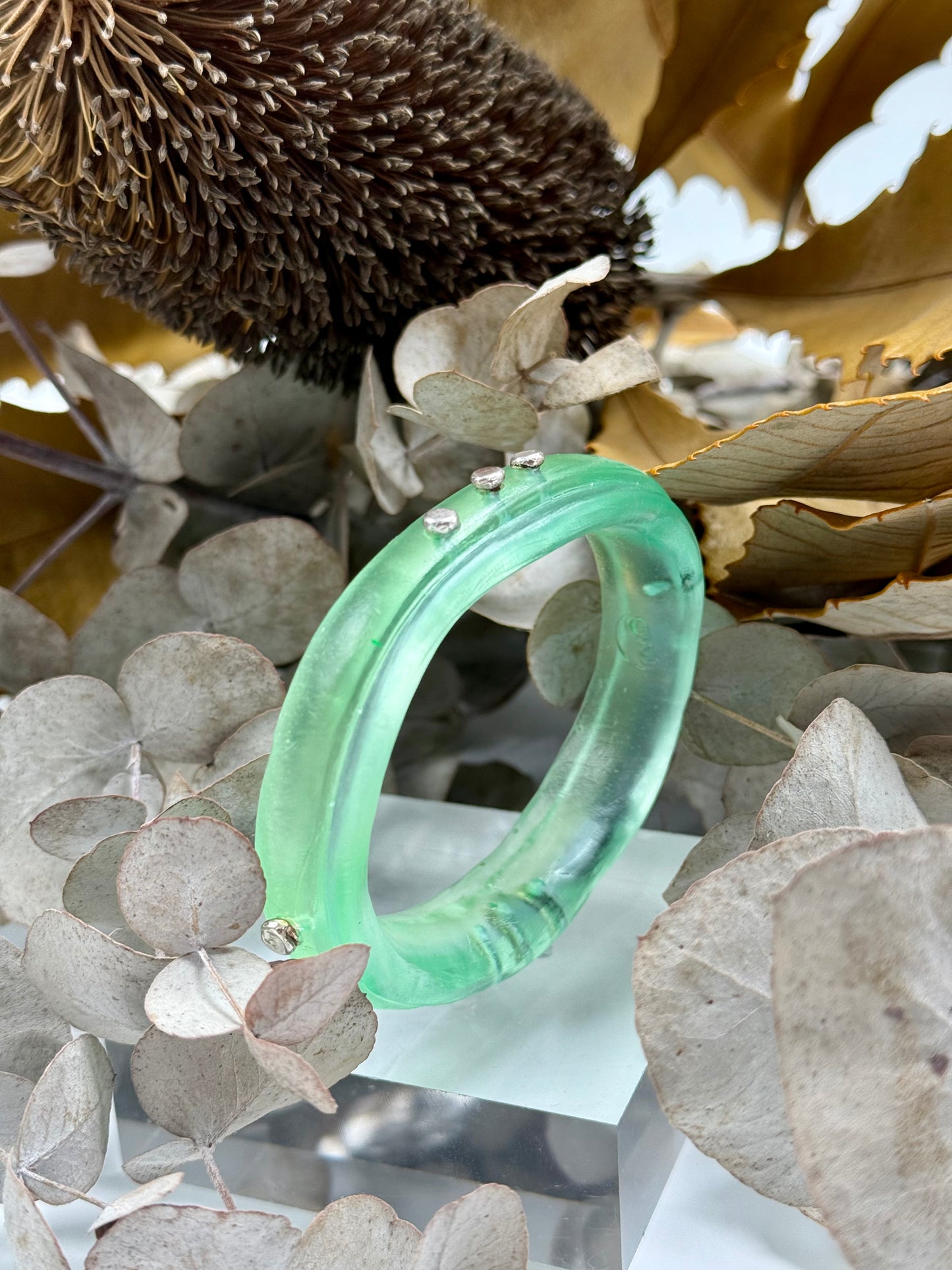 Translucent Lime Green  Rim resin bangle with Sterling silver