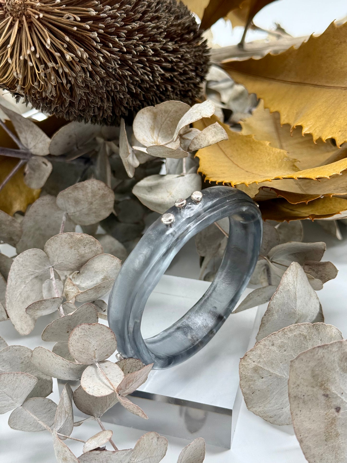 Translucent grey  Rim resin bangle with Sterling silver
