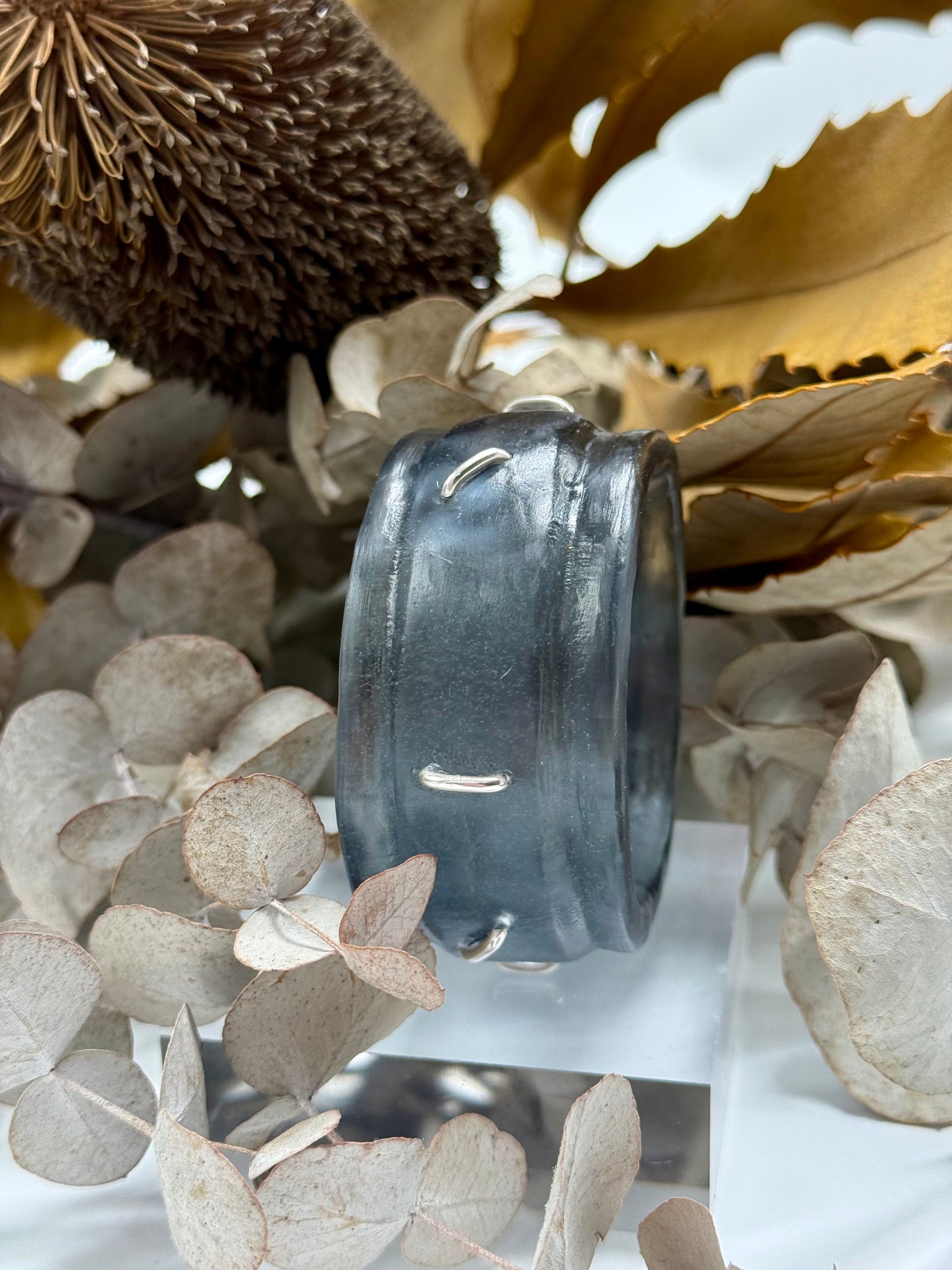 Translucent Black Oval Thick Rim Resin & silver wide bangle - regular hand size