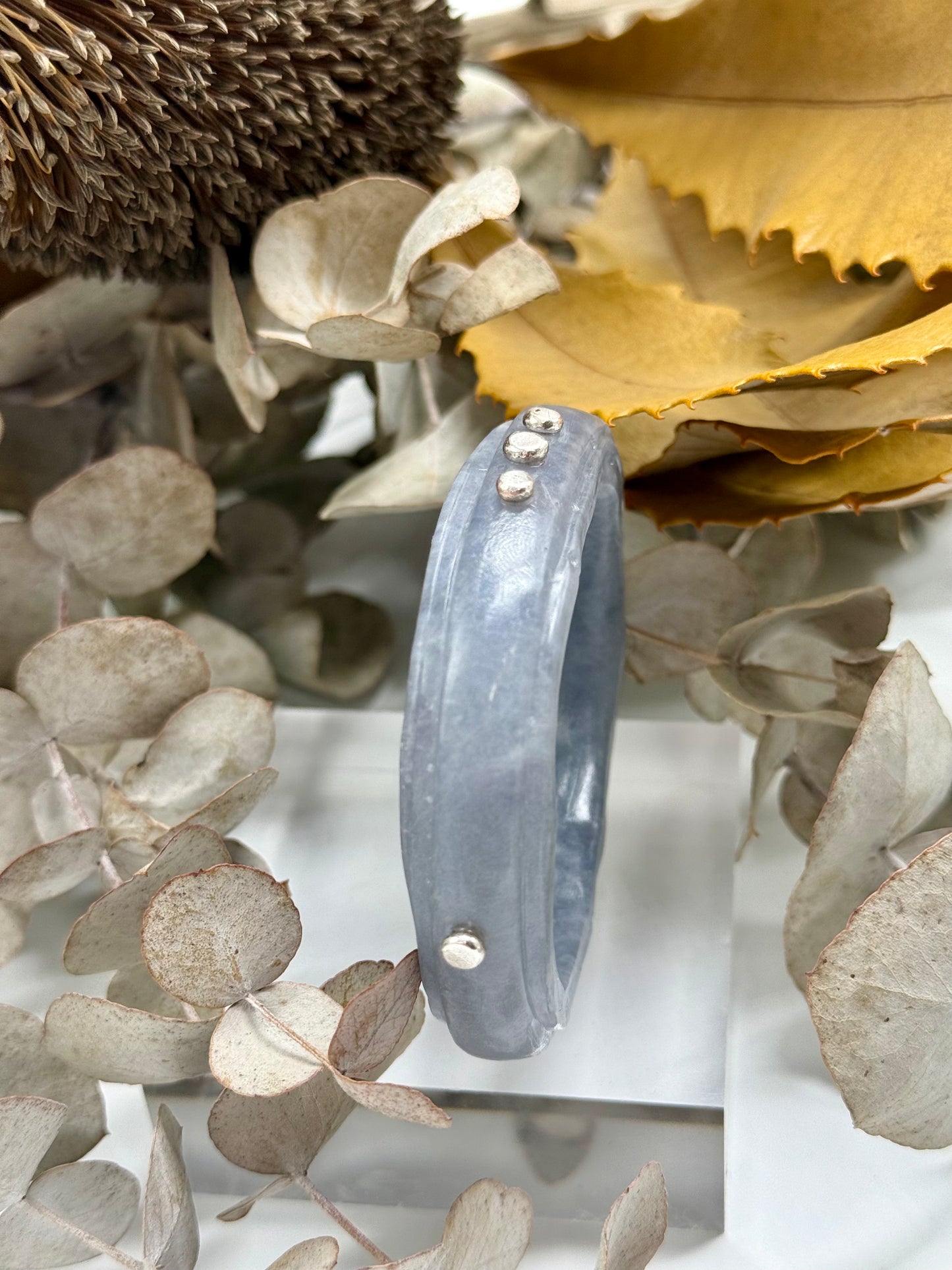Dusty Blue & white  Rim resin bangle with Sterling silver