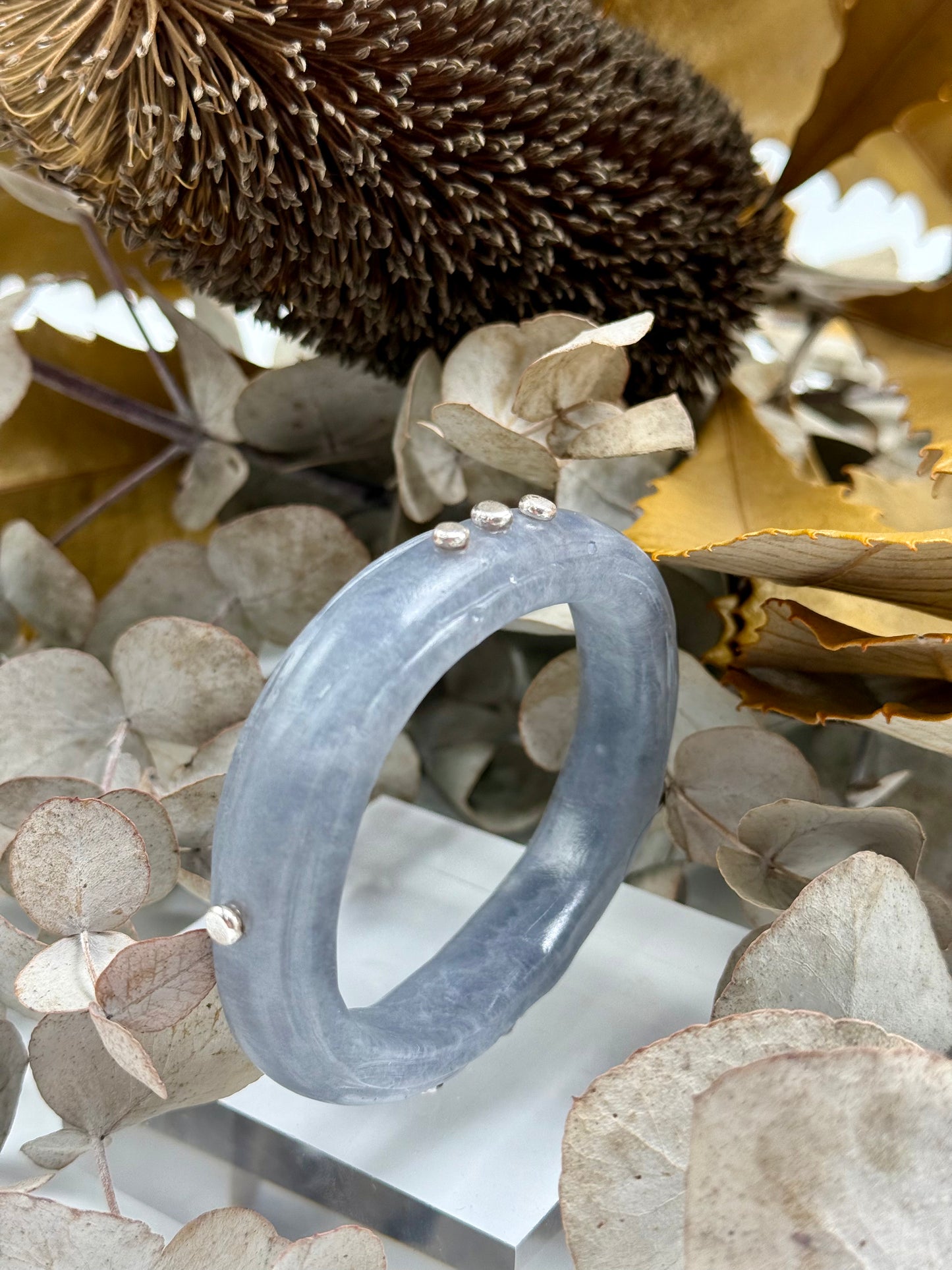 Dusty Blue & white  Rim resin bangle with Sterling silver