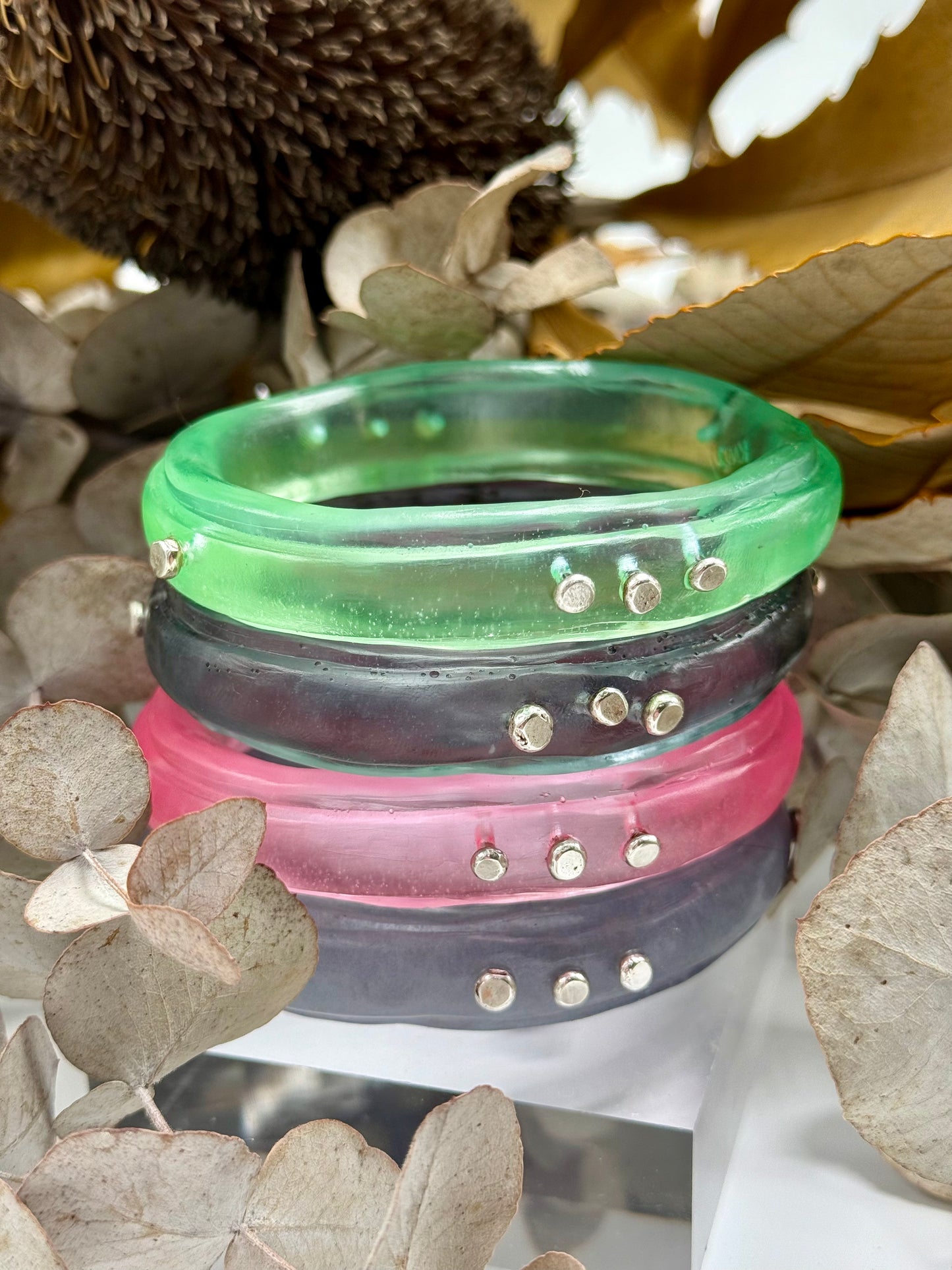 Translucent Lime Green  Rim resin bangle with Sterling silver
