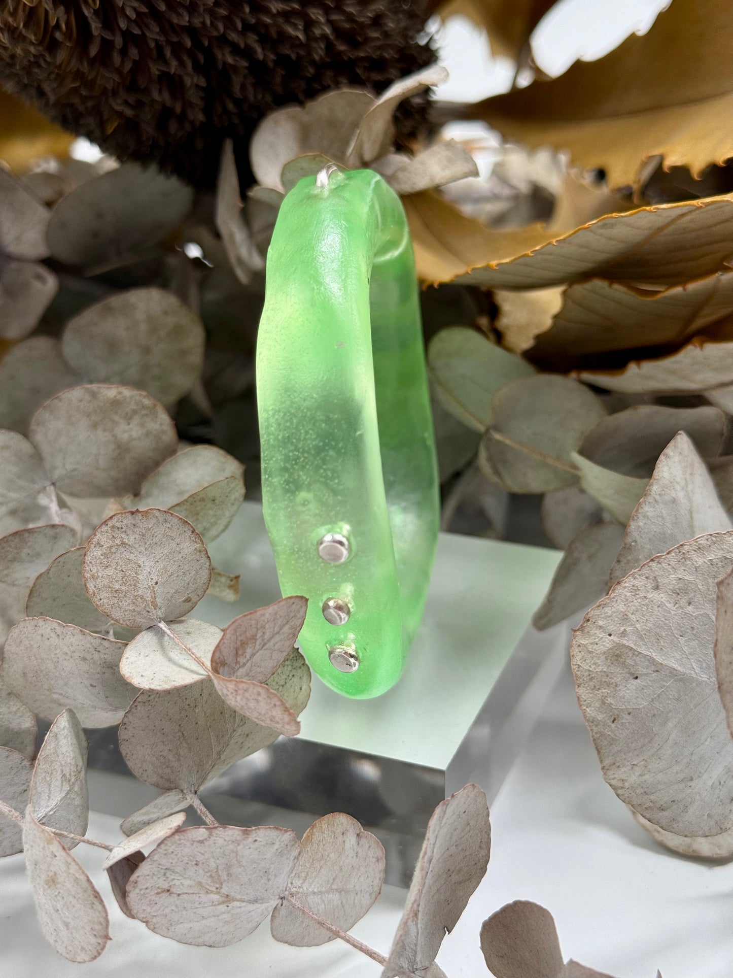 Translucent Lime Green resin and silver 'woopy' bangle - regular size