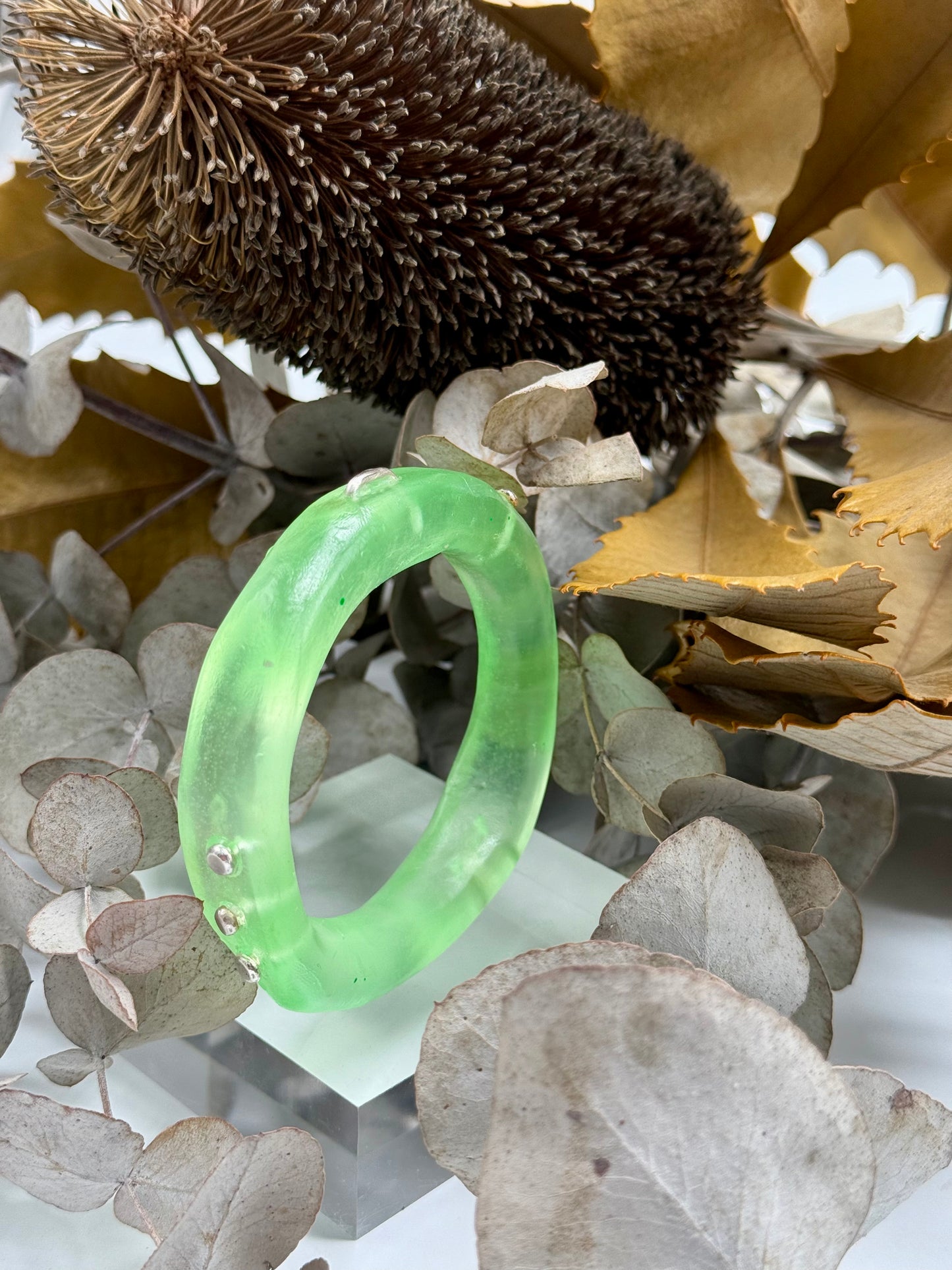 Translucent Lime Green resin and silver 'woopy' bangle - regular size