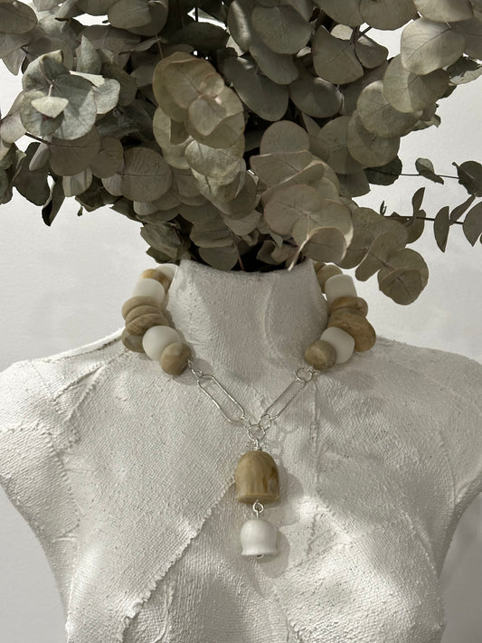 Cream/coffee coloured & white resin bead with silver necklace