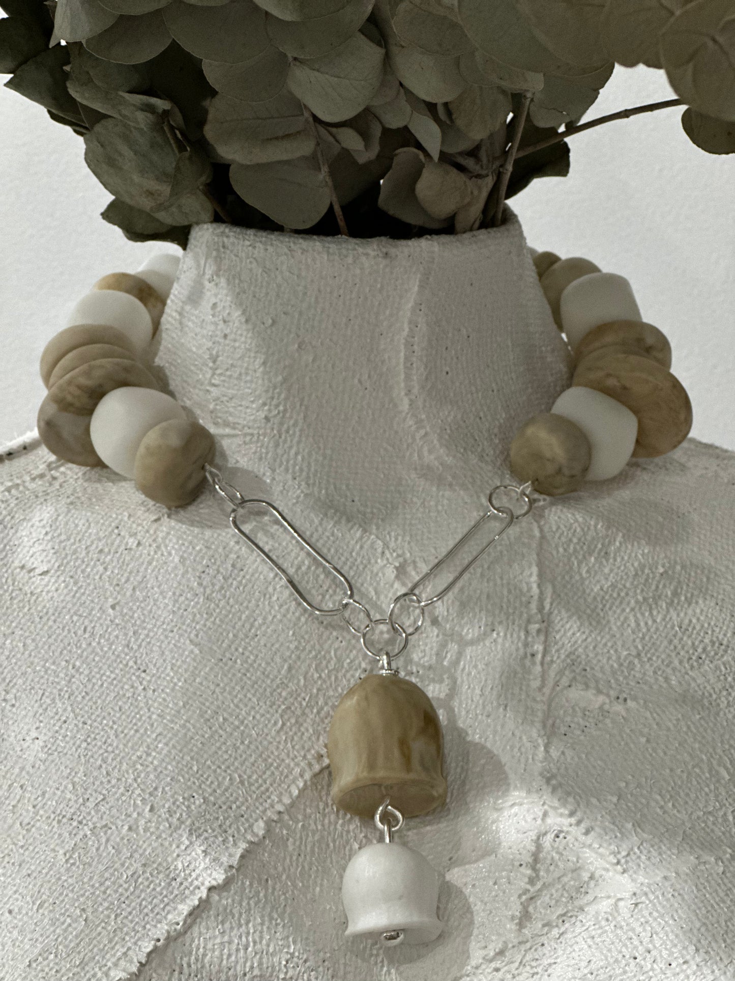 Cream/coffee coloured & white resin bead with silver necklace