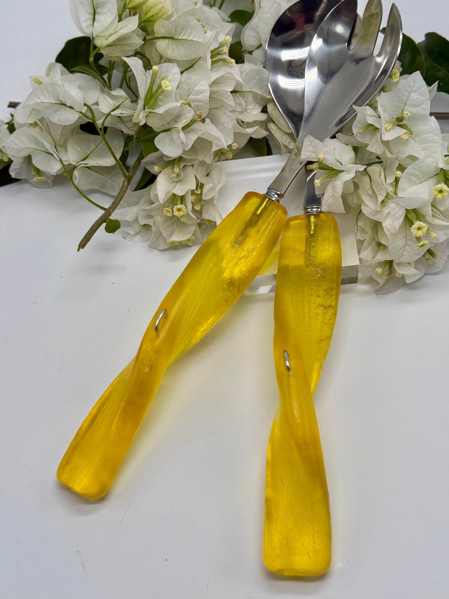 Salad Servers - Translucent Yellow resin & silver twist handle with Stainless steel spoon