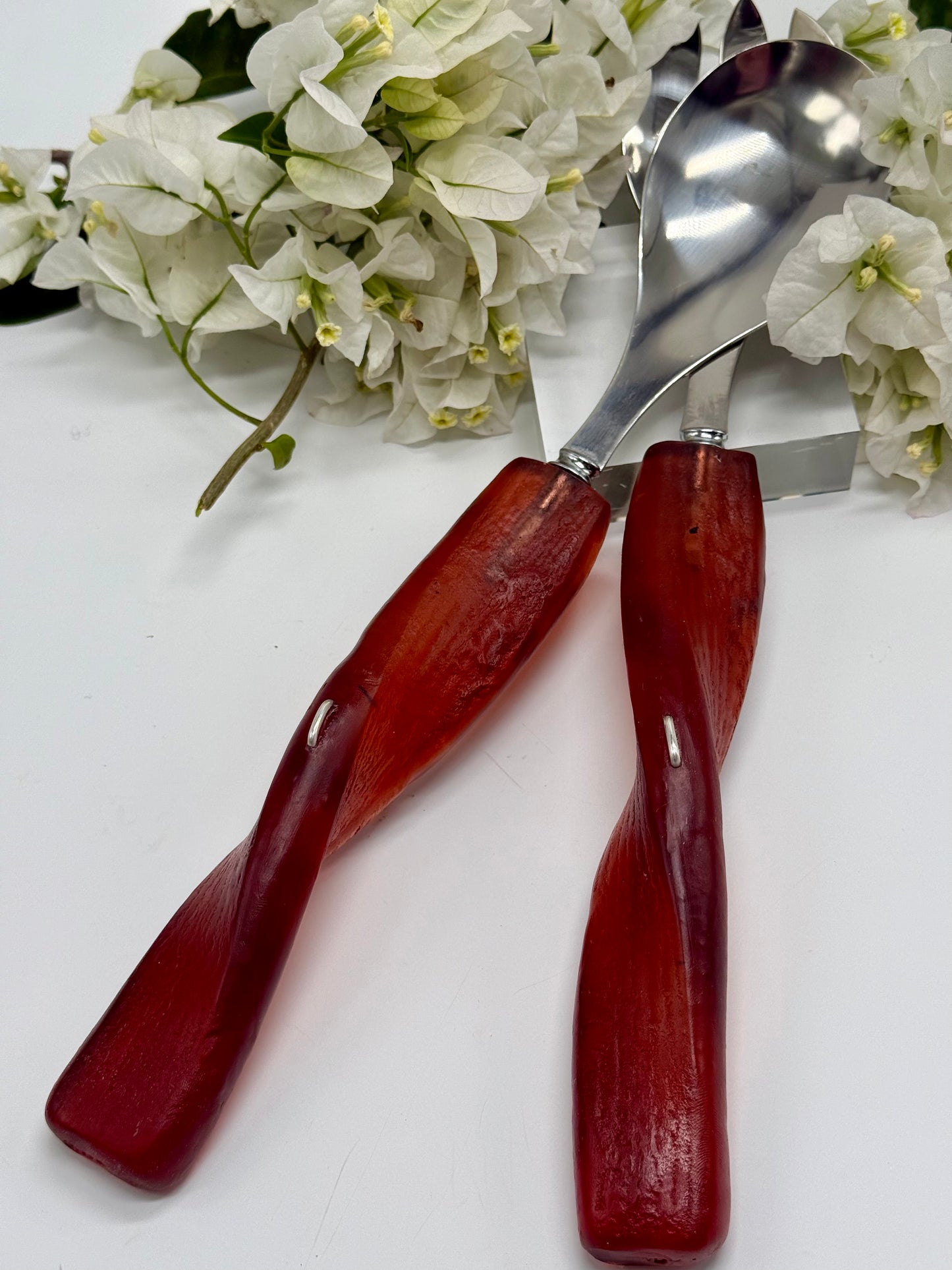 Salad Servers - Tortoise Shell resin & silver twist handle with Stainless steel spoon