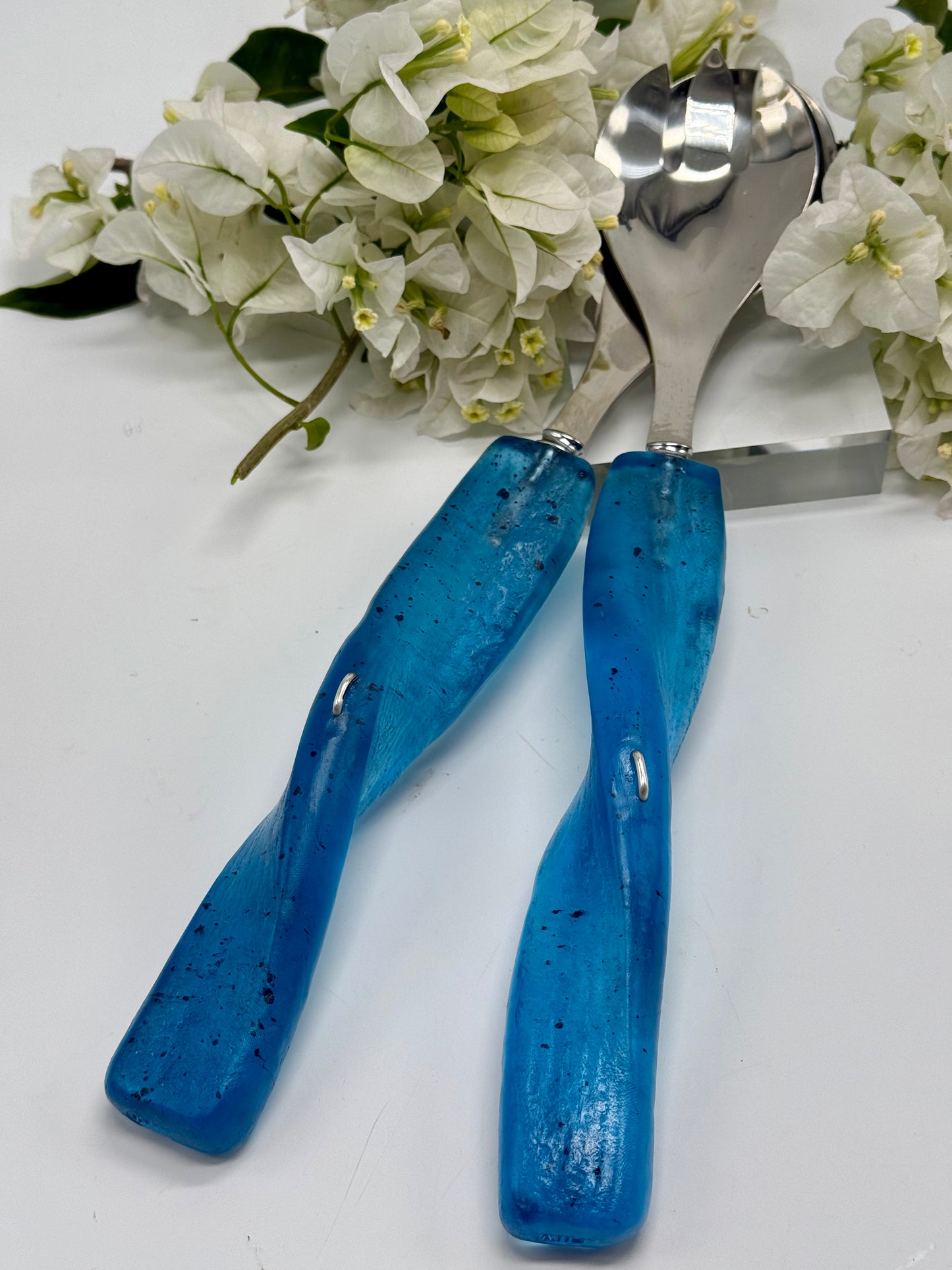 Salad Servers - Translucent Blue/navy fleck resin & silver twist handle with Stainless steel spoon
