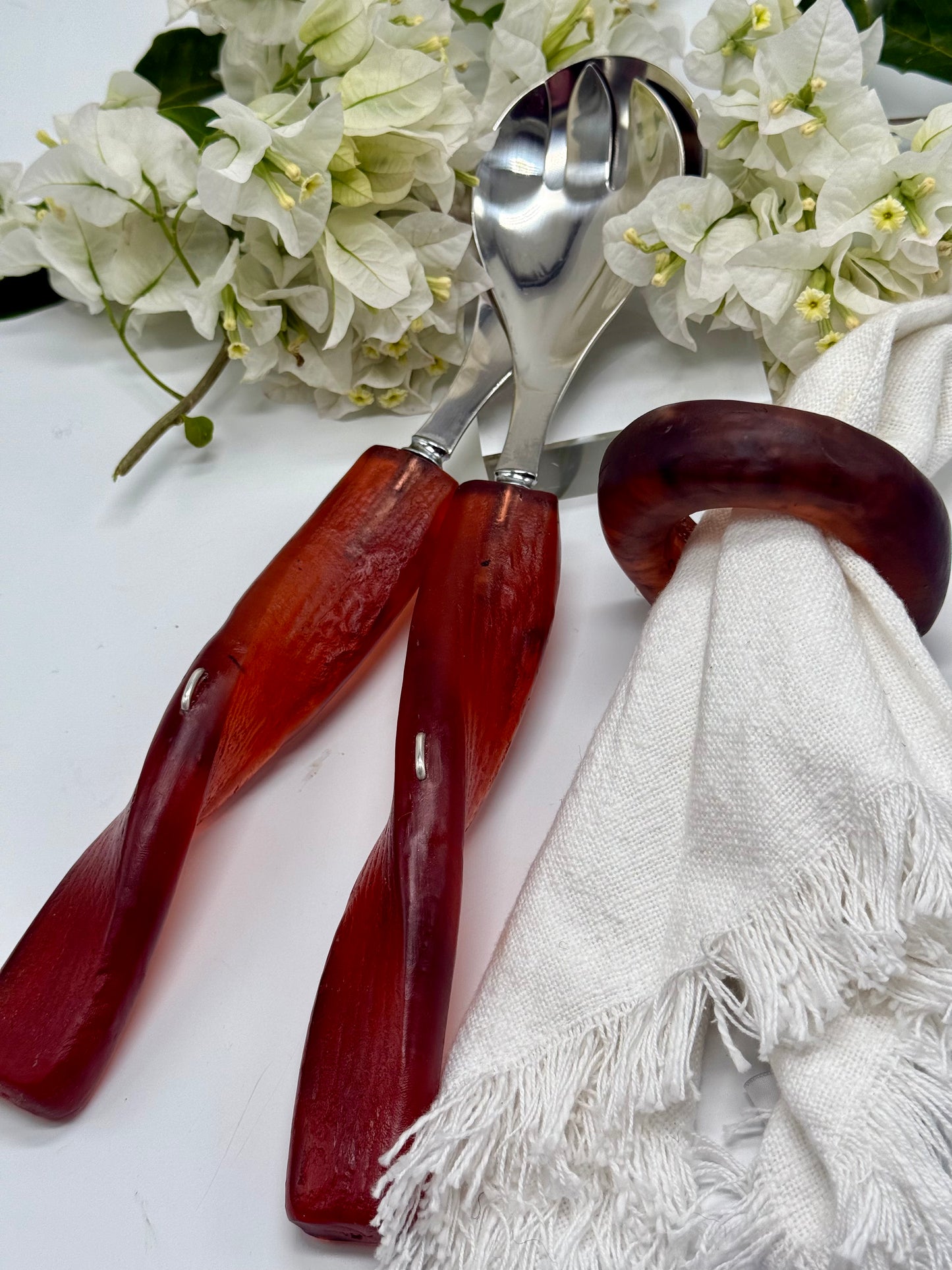 Salad Servers - Tortoise Shell resin & silver twist handle with Stainless steel spoon