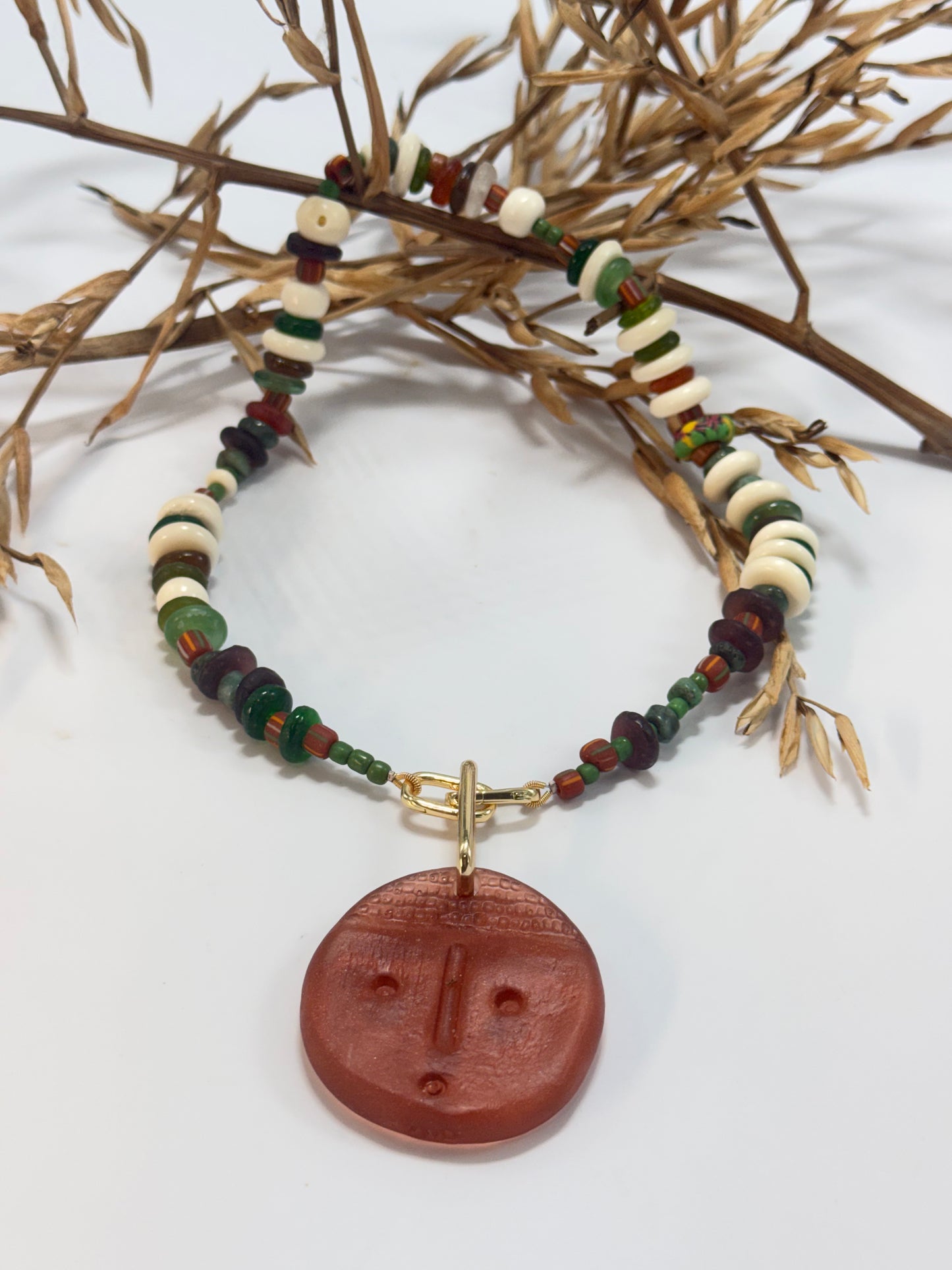 Greens and Browns semi precious beads with gold catches with removable pendant