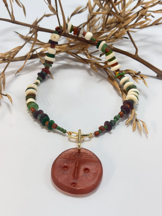 Greens and Browns semi precious beads with gold catches with removable pendant