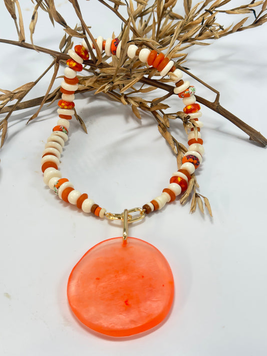 Orange & Cream semi precious beads with gold catches with removable pendant