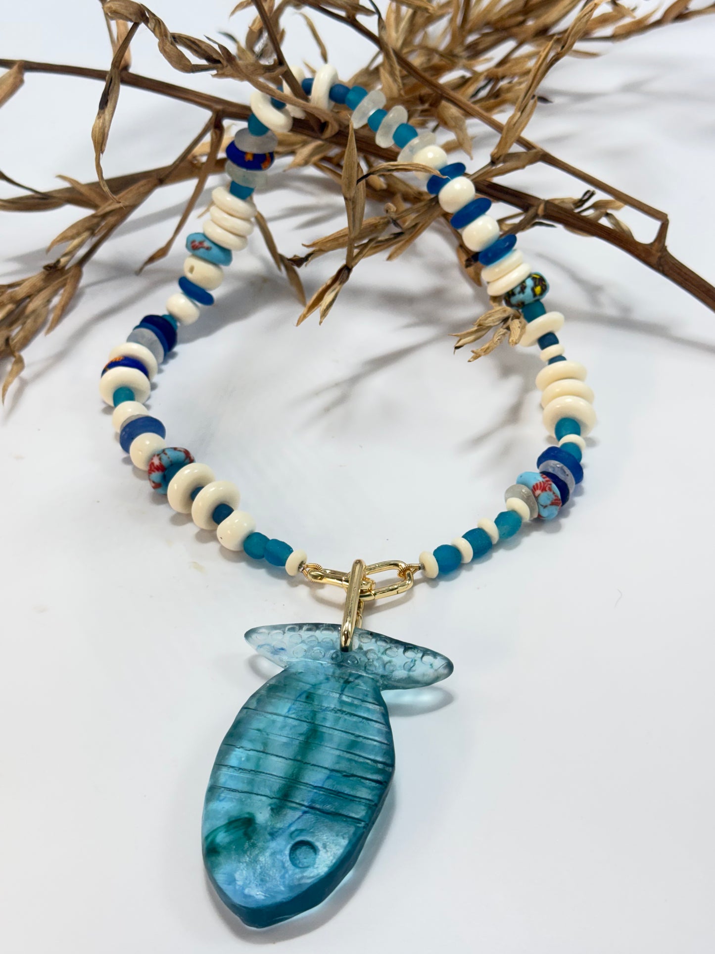 Blues & cream semi precious beads with gold catches with removable pendant