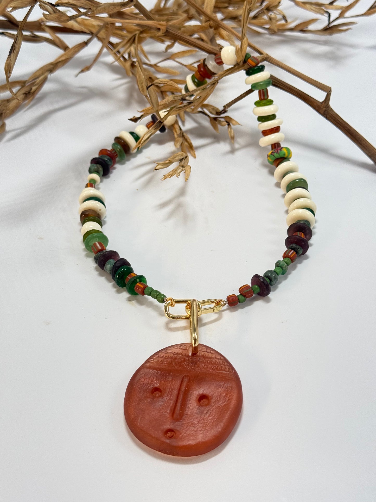 Greens and Browns semi precious beads with gold catches with removable pendant