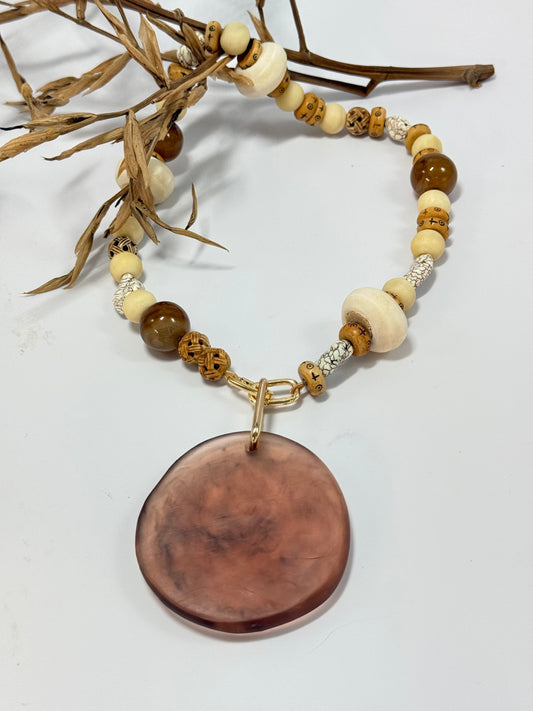 Brown & Cream semi precious beads with gold catches with removable pendant