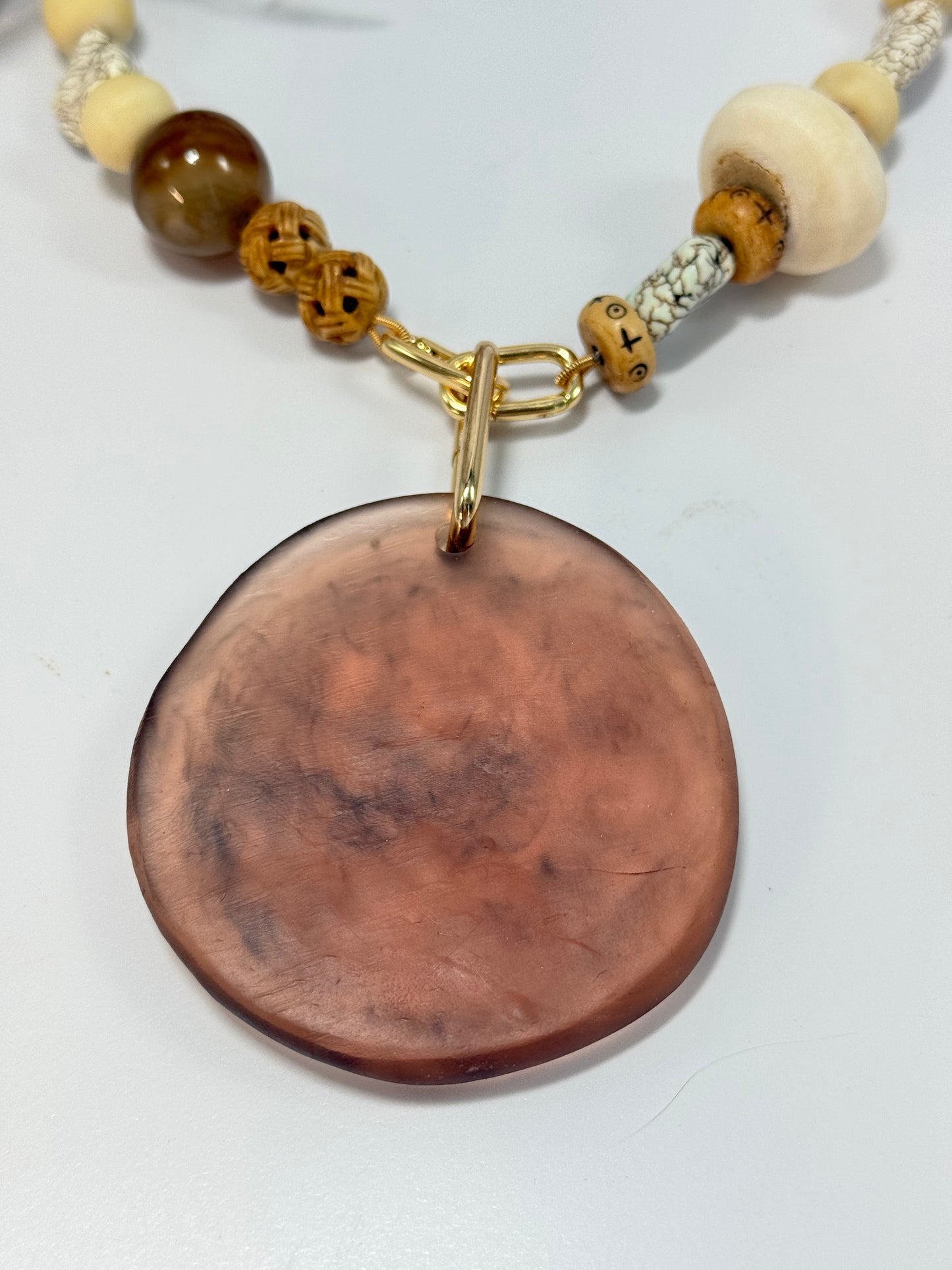 Brown & Cream semi precious beads with gold catches with removable pendant