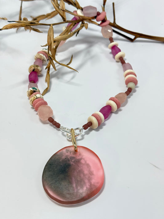 Soft Pink semi precious beads with gold & Silver catches with removable pendant
