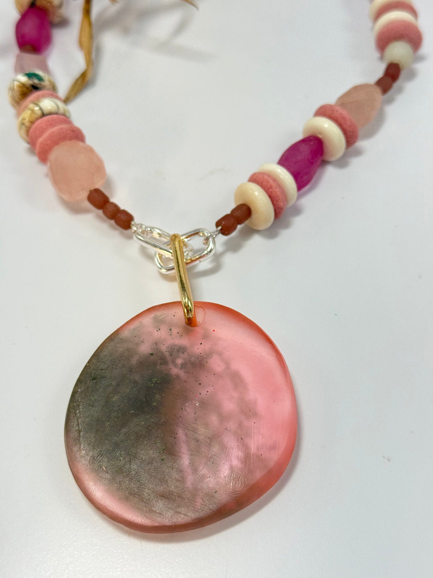 Soft Pink semi precious beads with gold & Silver catches with removable pendant