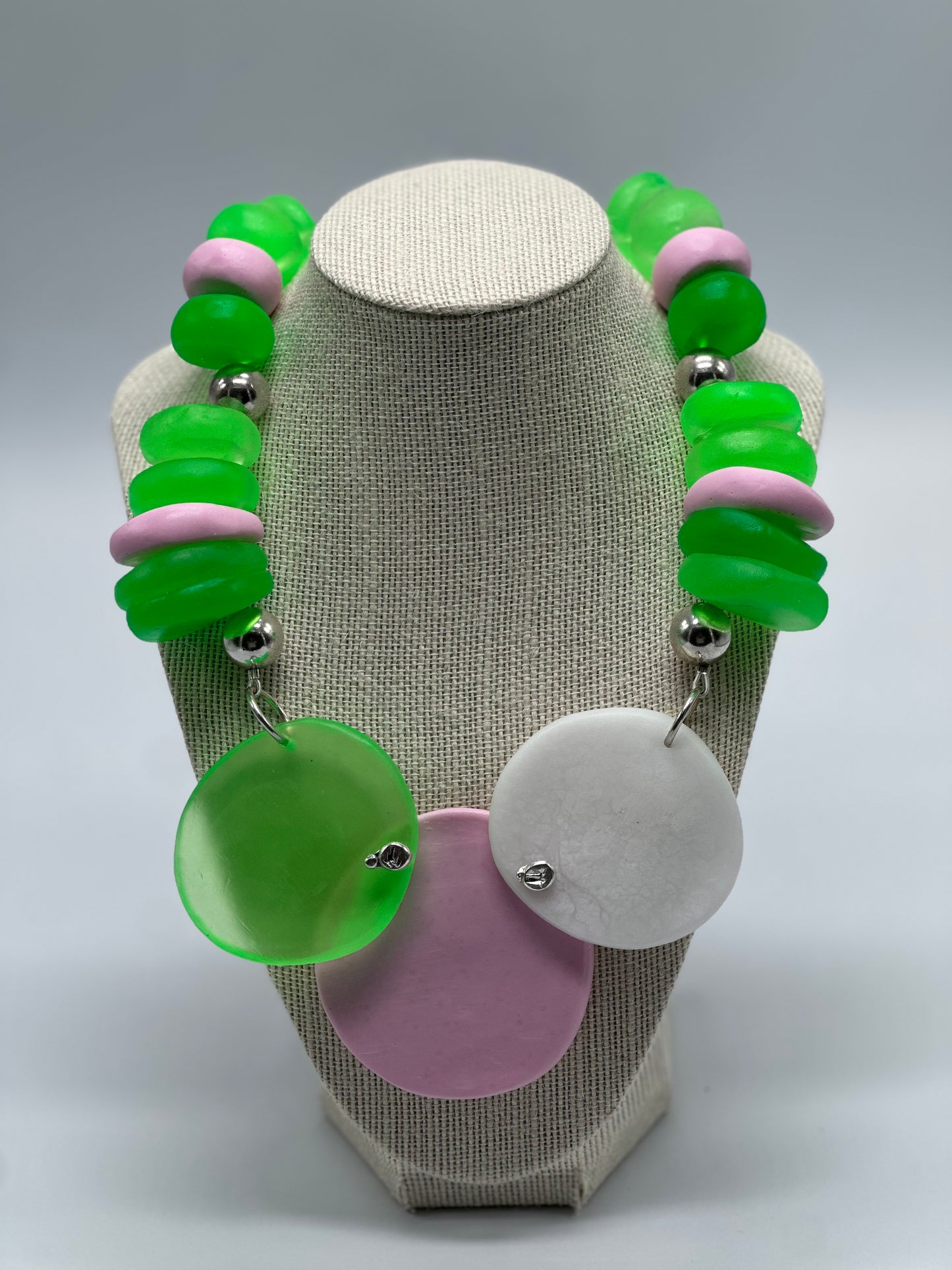 Pink White & Pale PinkResin beads with sterling silver Necklace
