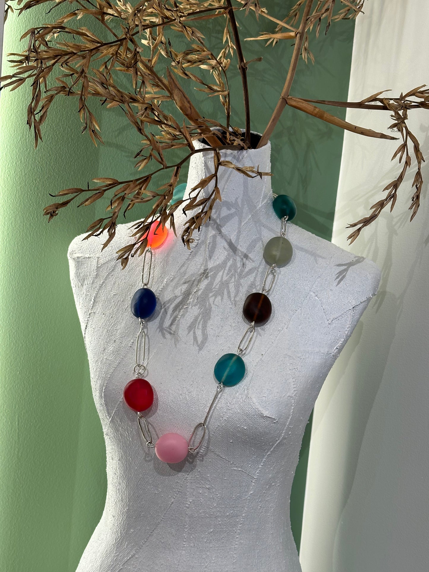 Long sterling silver links with multi coloured resin bead necklace